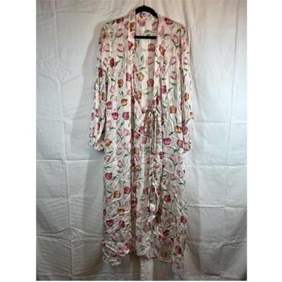 byTiMo all over floral tulip print wrap tie duster midi dress satin feminine - Picture 3 of 6
